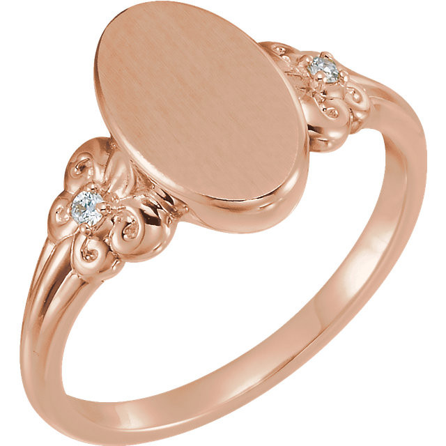 Shop 14 Karat Rose Gold .03 Carat Diamond Fleur de lis Oval Signet Ring Questions & Answers