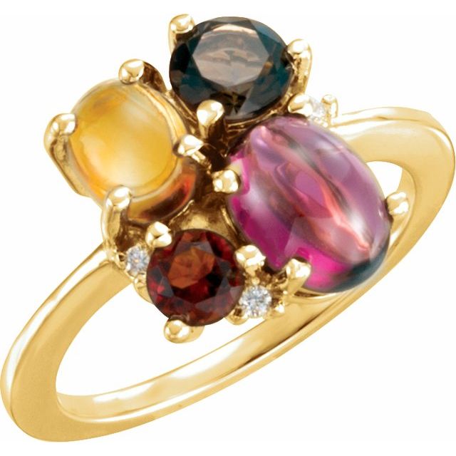 Shop 14 Karat Yellow Gold Gold Rhodolite Garnet, Citrine, Smoky Quartz and .03 Carat Diamond Multi-Shape Cluster Ring Questions & Answers